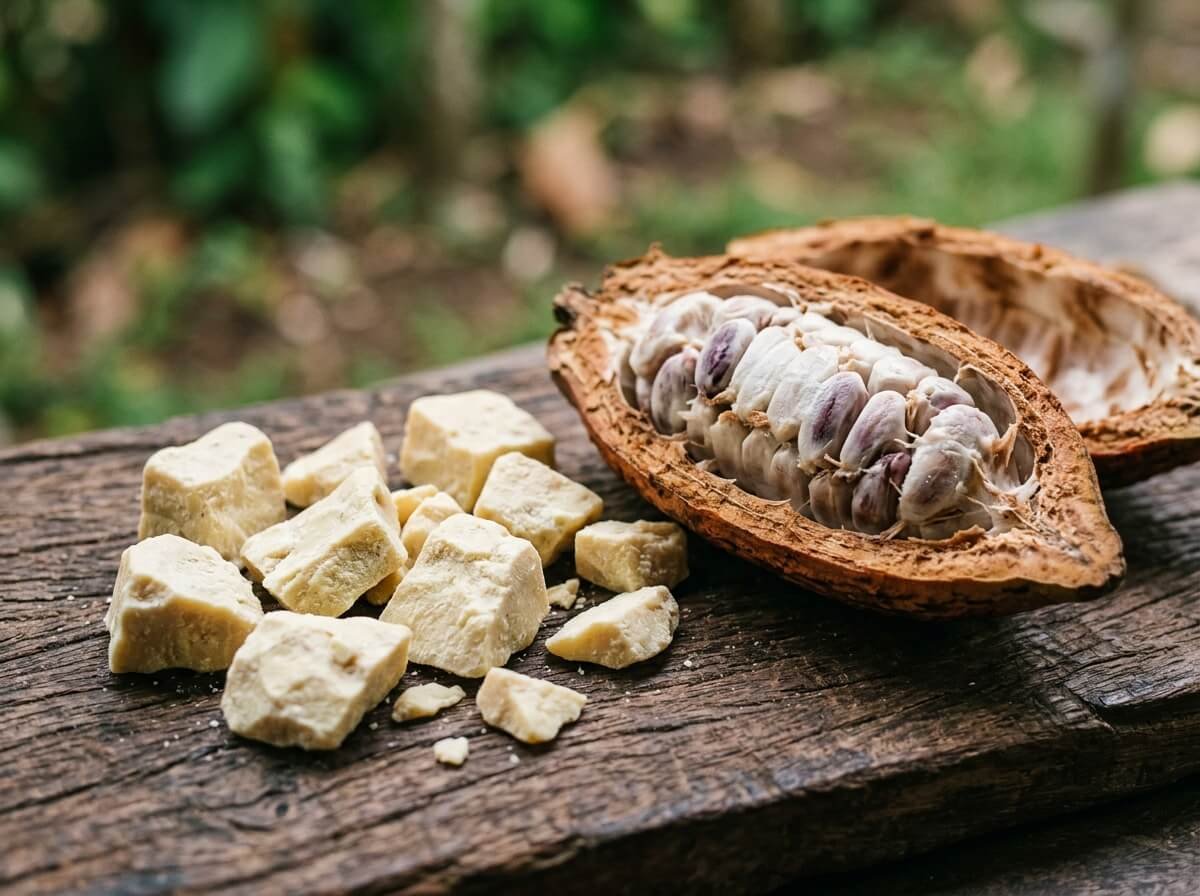 raw cocoa butter chunks beside a split cacao pod on a wooden board
