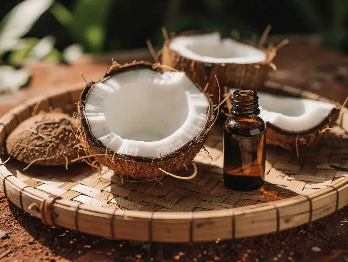 fresh coconut halves with coconut oil bottle on rattan tray Bali