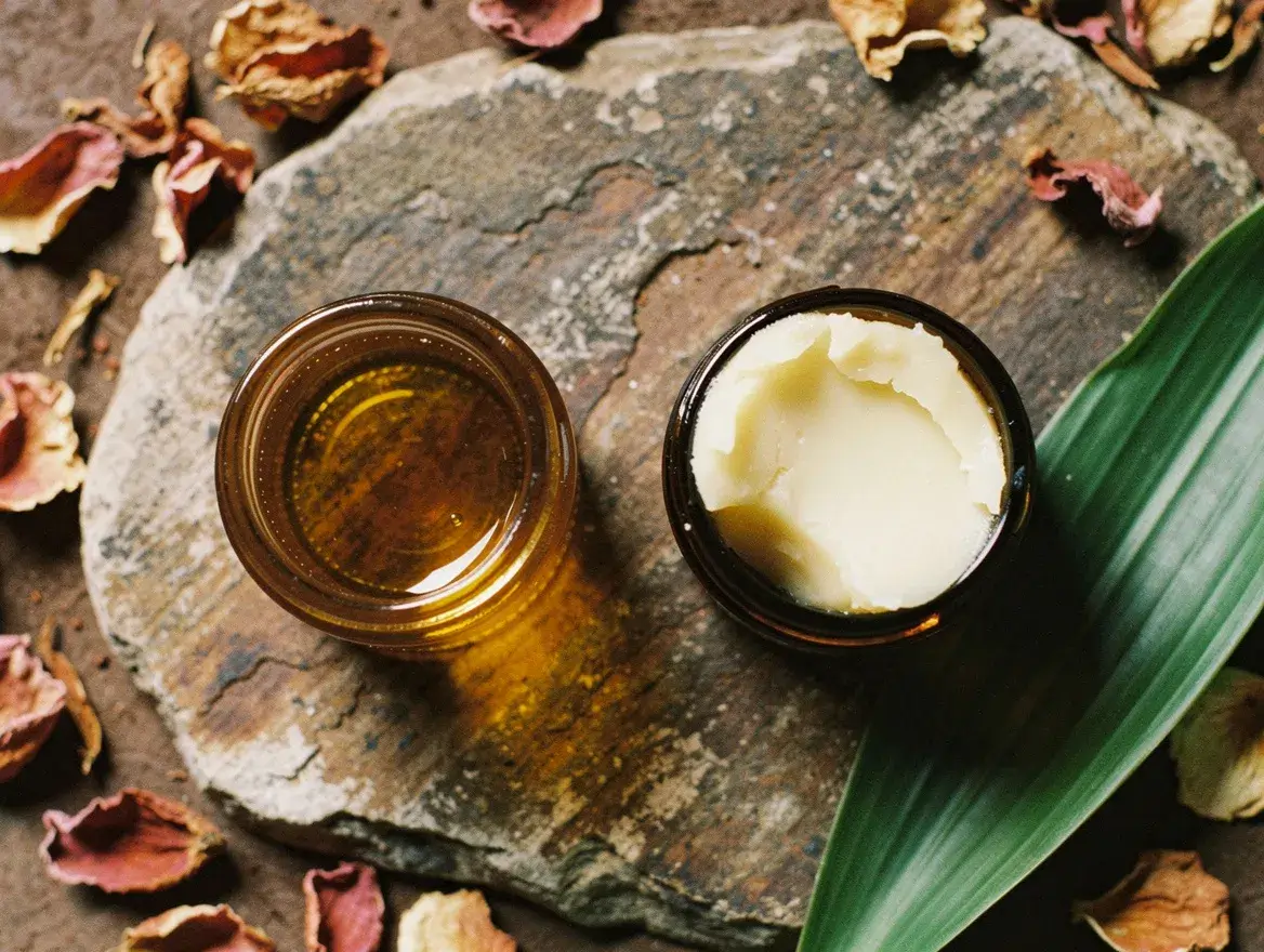skin care oils and butters flat lay comparison for different skin types