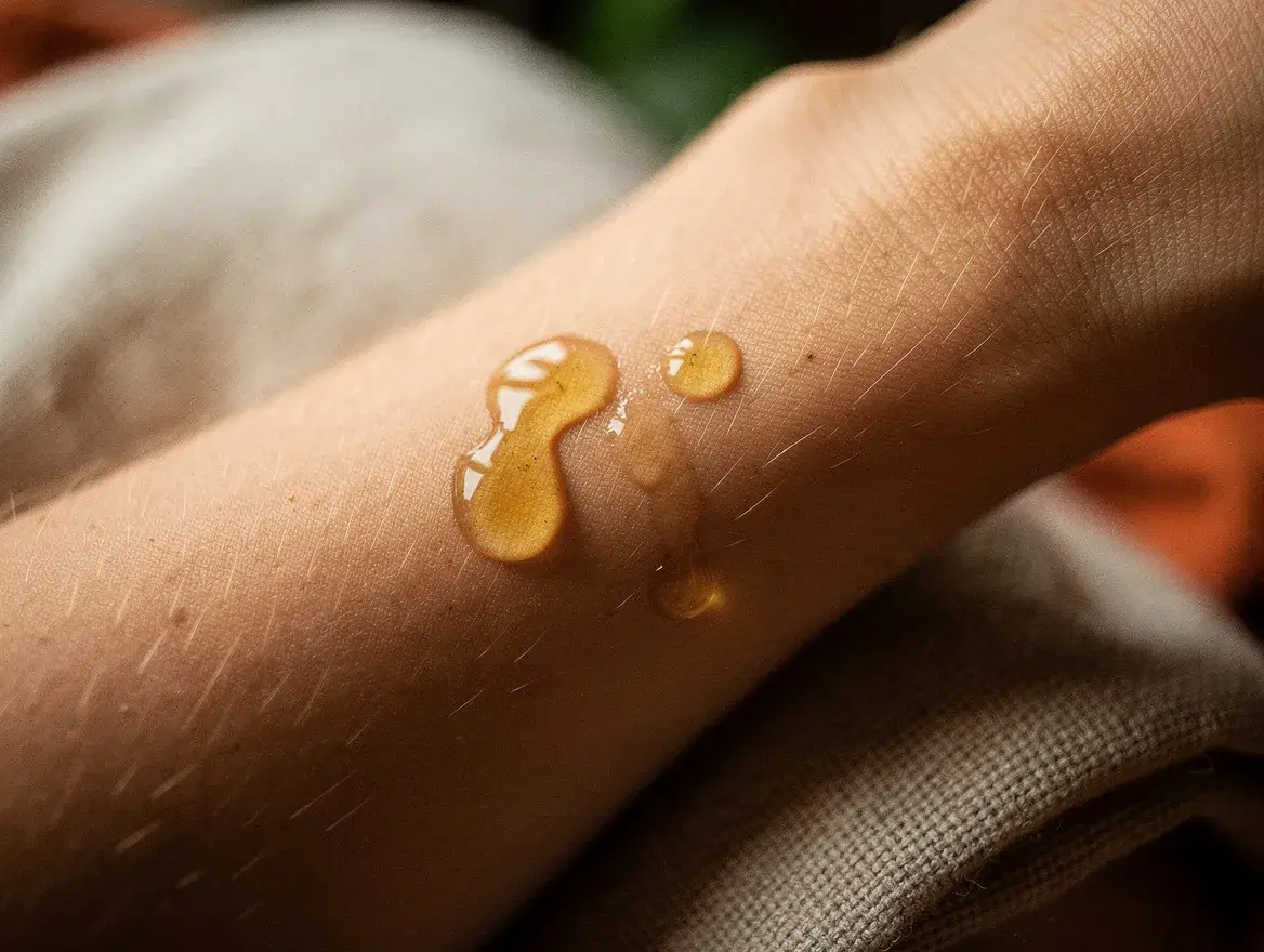coconut oil drops absorbing into skin natural daylight macro