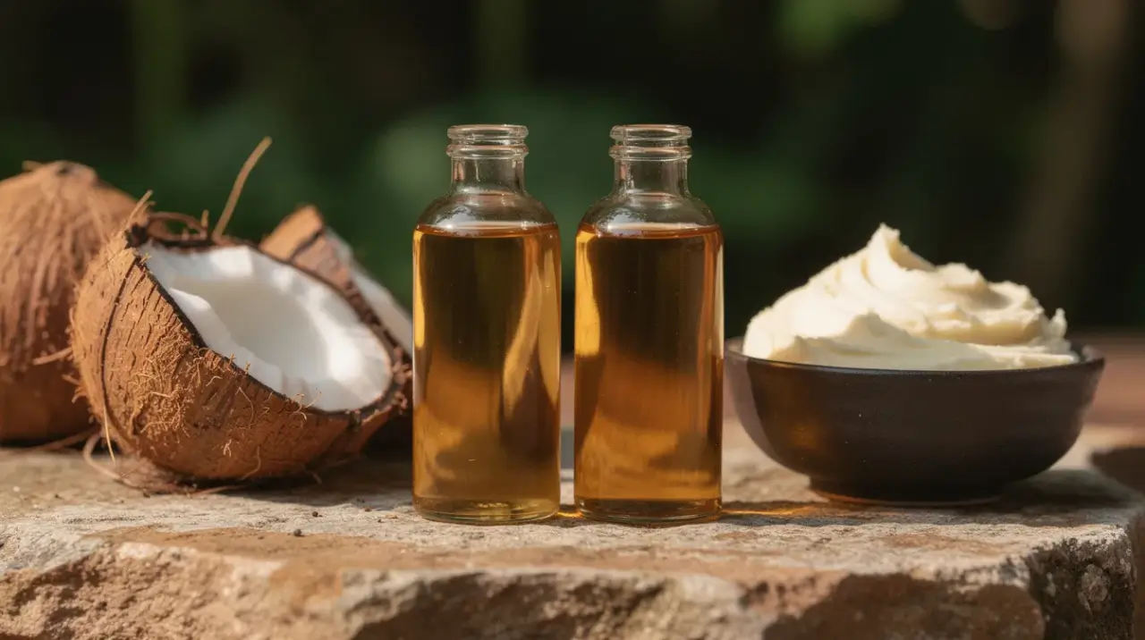 coconut oil vs illipe butter side by side on stone surface