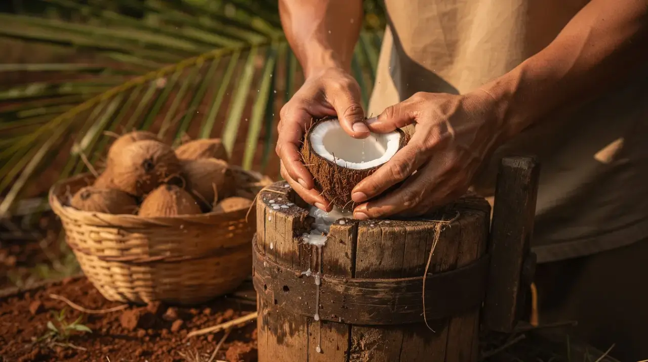 coconut oil cold-pressing by Balinese farmer, Aluan partnership