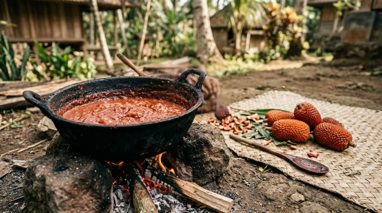 Buah merah fruit oil being traditionally slow-cooked over an open fire