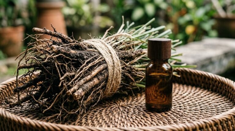 Freshly dug vetiver roots bundled beside a small amber essential oil bottle