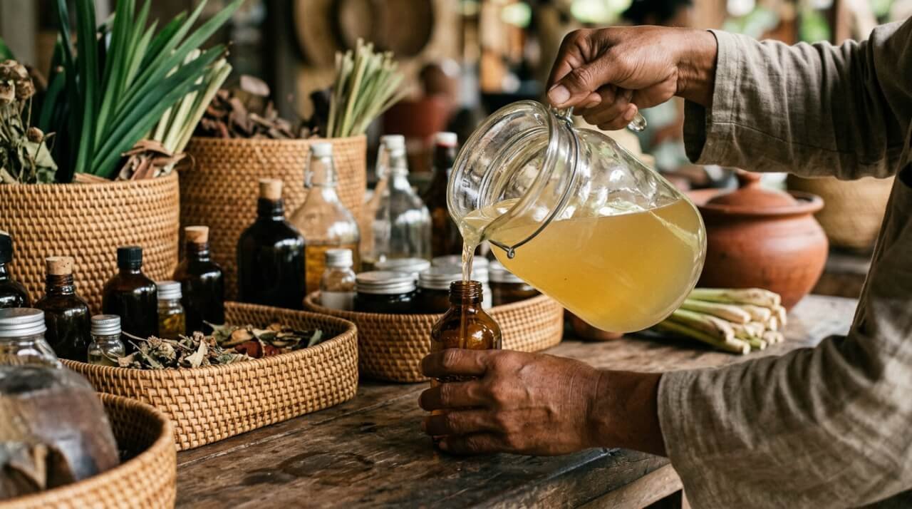 Pouring liquid soap into a reused glass bottle at a refill counter