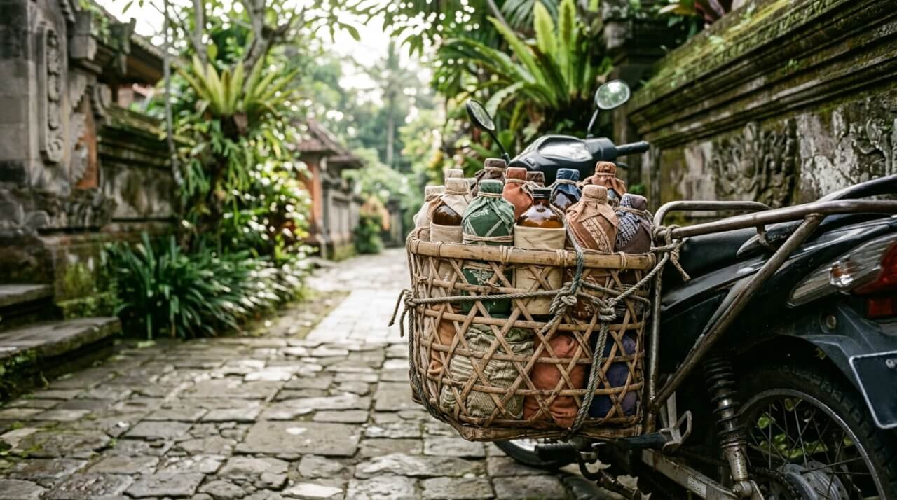 motorbike delivery basket loaded with refill bottles on a Bali street