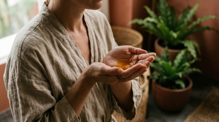 hands warming body oil before a neck and chest ritual