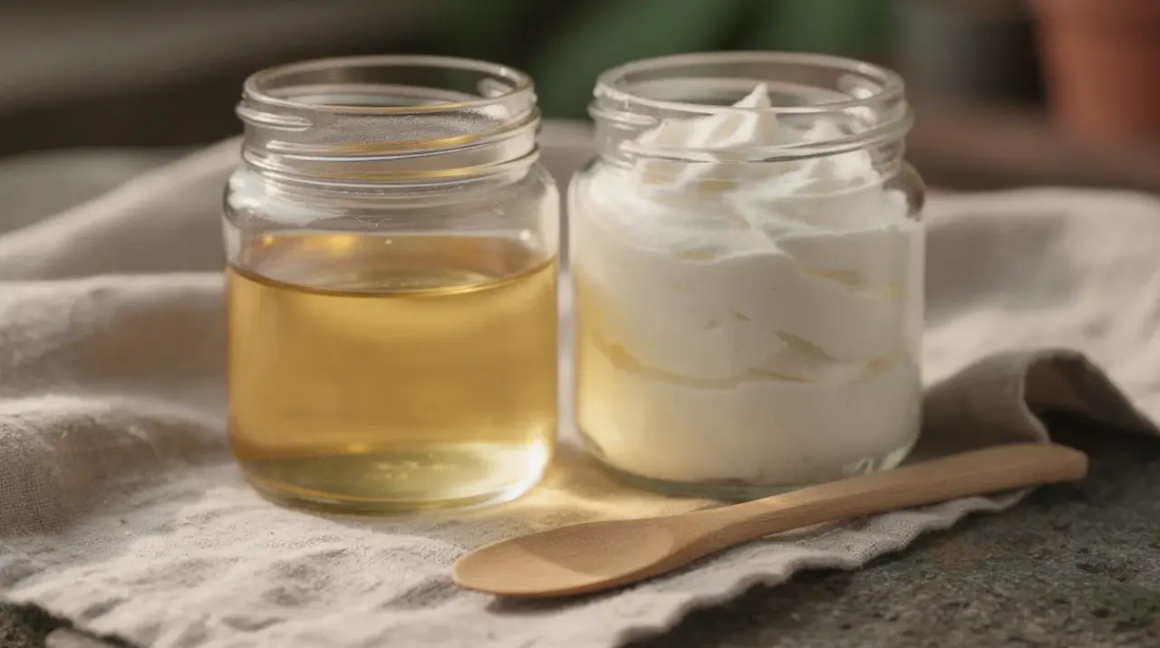 Face oil and body butter jars side by side on linen, showing different textures
