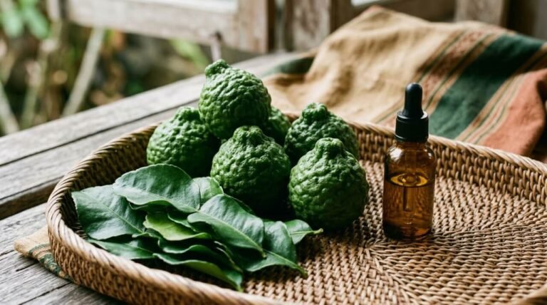 Kaffir lime leaves and fruit beside a glass bottle of essential oil