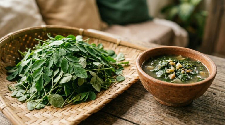 fresh kelor moringa leaves beside a bowl of traditional leaf soup