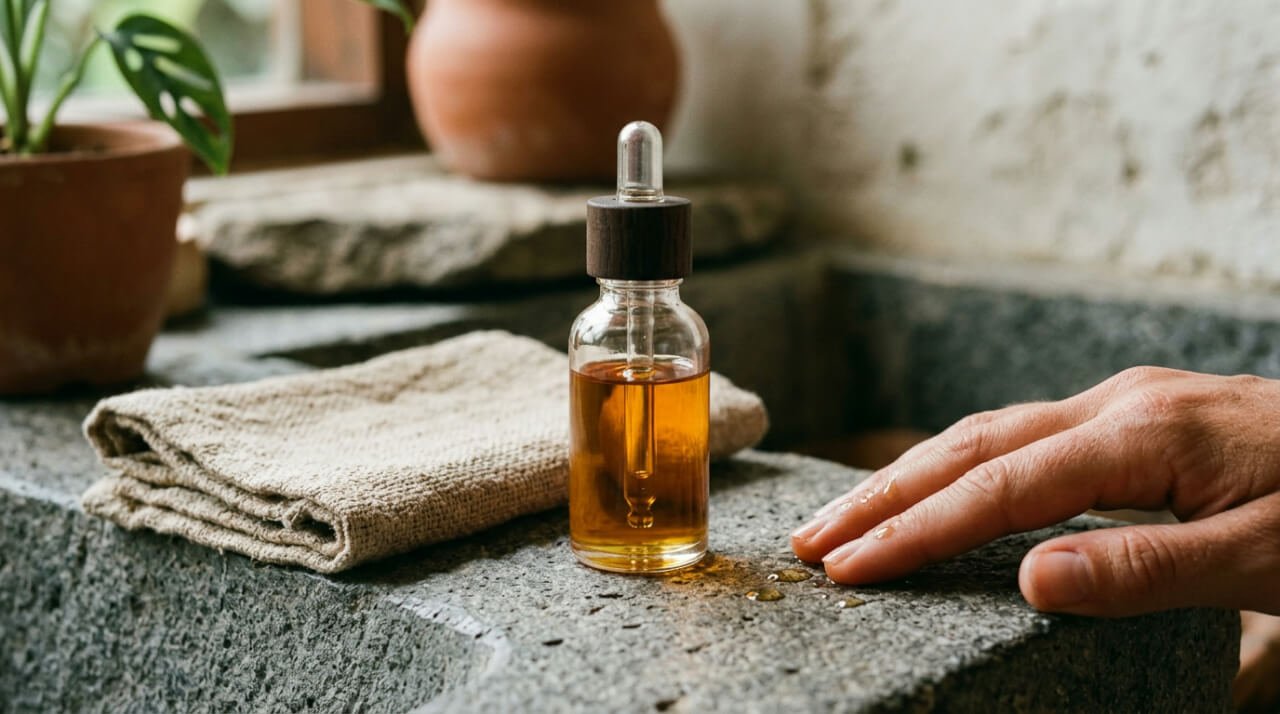 Facial oil dropper bottle beside linen cloth on stone counter