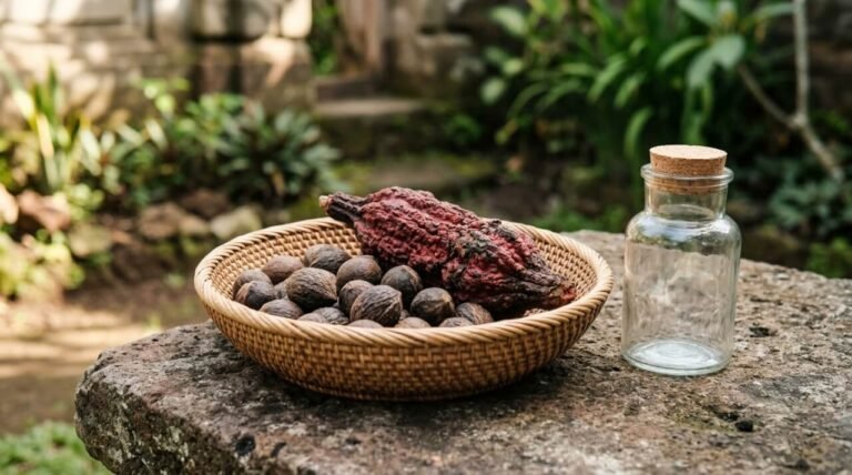 Raw illipe nuts and dried buah merah fruit in a rattan basket on stone, morning light