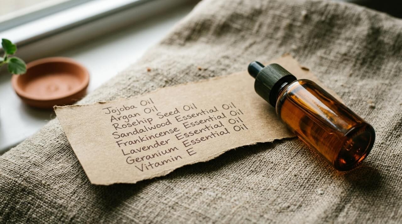 Handwritten ingredient list beside an amber oil bottle on linen
