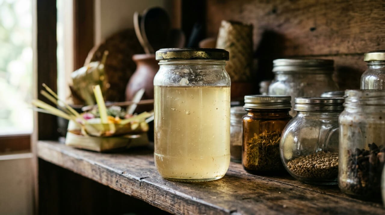 reused glass jars refilled with natural oil on a wooden shelf