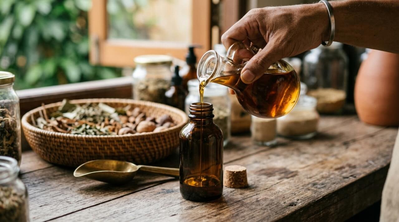 Hand refilling a glass bottle with oil at a traditional-style refill counter