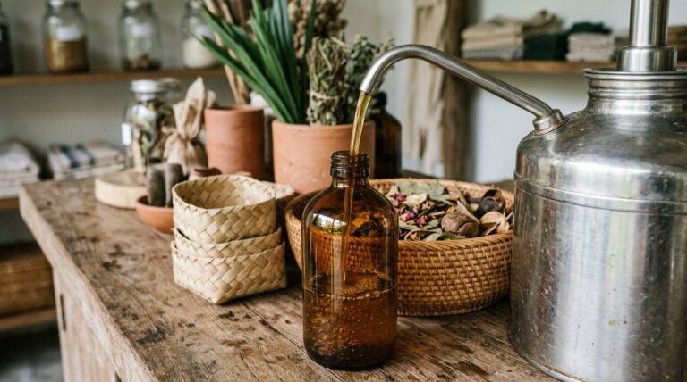 refilling an amber glass bottle at a natural refill station