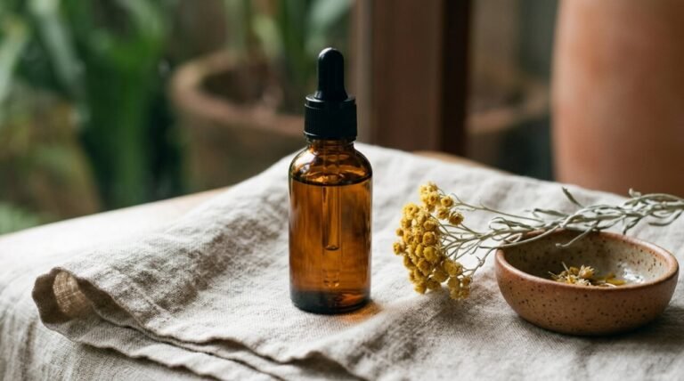 Amber face serum dropper bottle on linen with dried helichrysum flower