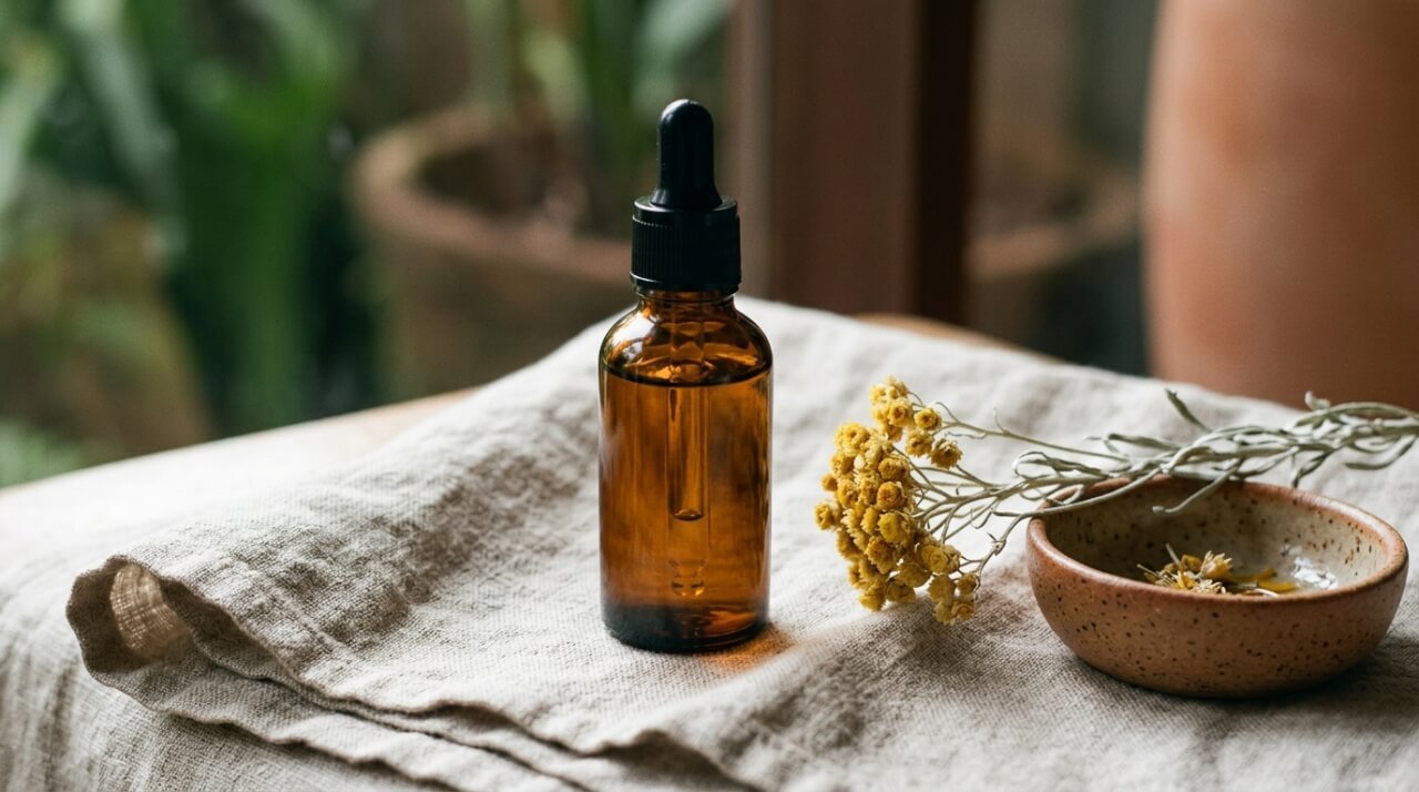 Amber face serum dropper bottle on linen with dried helichrysum flower