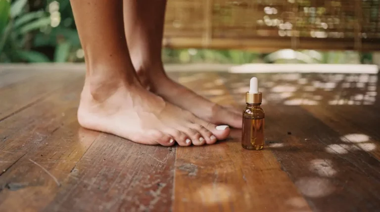 Foot care ritual with natural body oil on teak wood, morning light