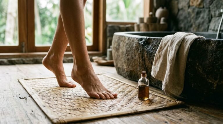 damp feet on a woven mat beside a stone bath in soft morning light