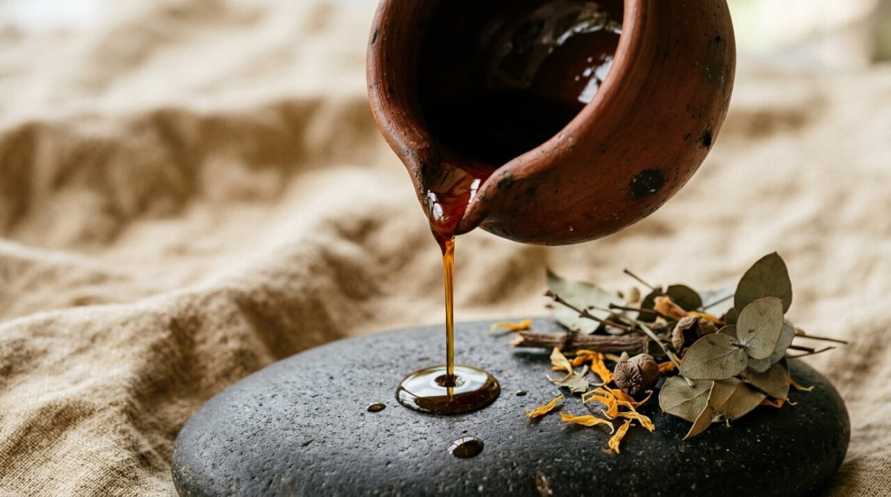 botanical oil being poured from a clay vessel onto stone, morning light
