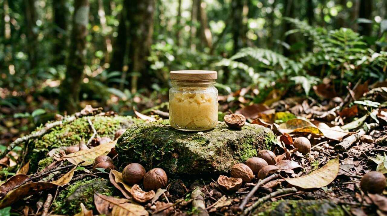 Illipe butter in a glass jar on a forest floor