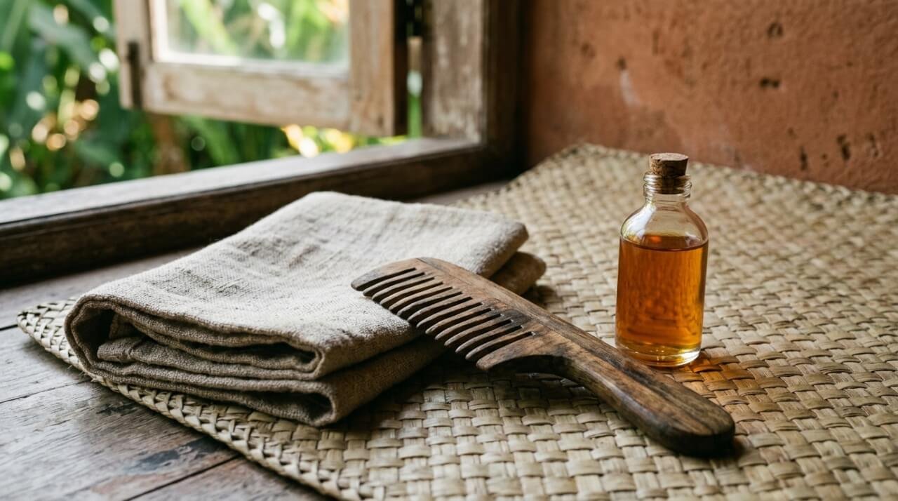 Wooden comb and glass oil bottle on a woven mat, warm morning light