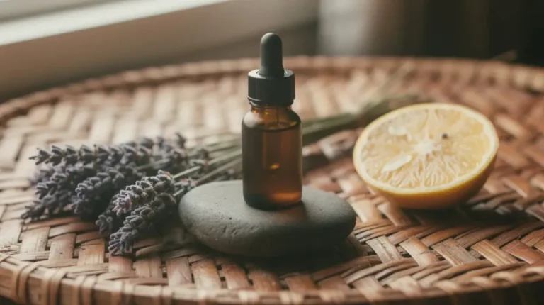 glass dropper bottle of essential oil with lavender and citrus on woven rattan