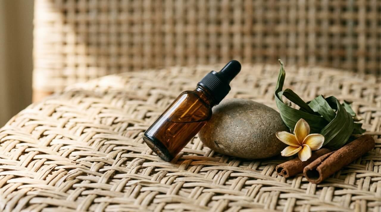 calming Balinese essential oil bottle with dried botanicals on rattan