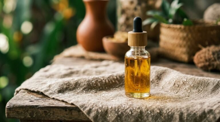 Facial oil bottle on damp linen with water droplets, natural light