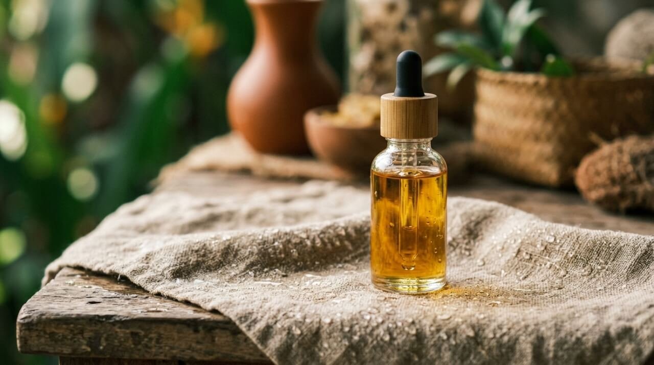 Facial oil bottle on damp linen with water droplets, natural light
