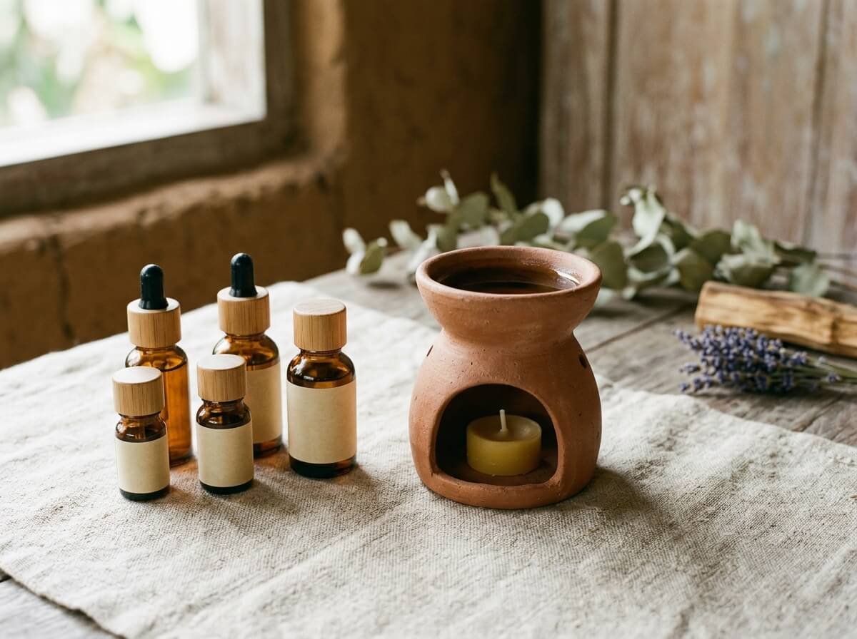 essential oil bottles and a ceramic diffuser arranged for a frequently asked questions section