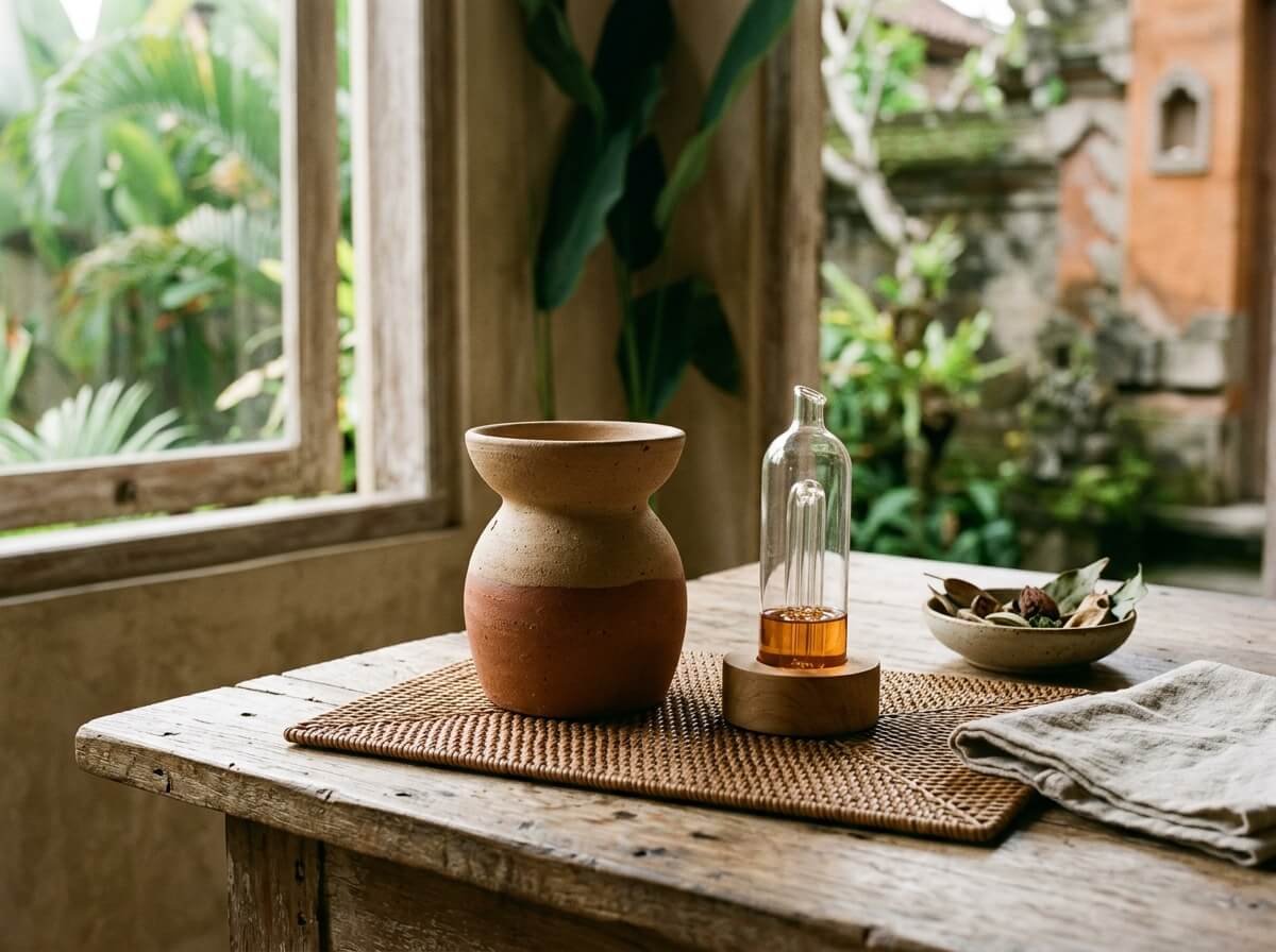 ceramic diffuser vs nebulizing diffuser comparison, terracotta diffuser and glass atomizer side by side on wooden shelf
