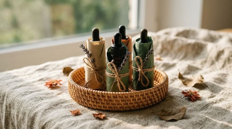 essential oil gift set wrapped in a woven rattan tray with amber glass bottles