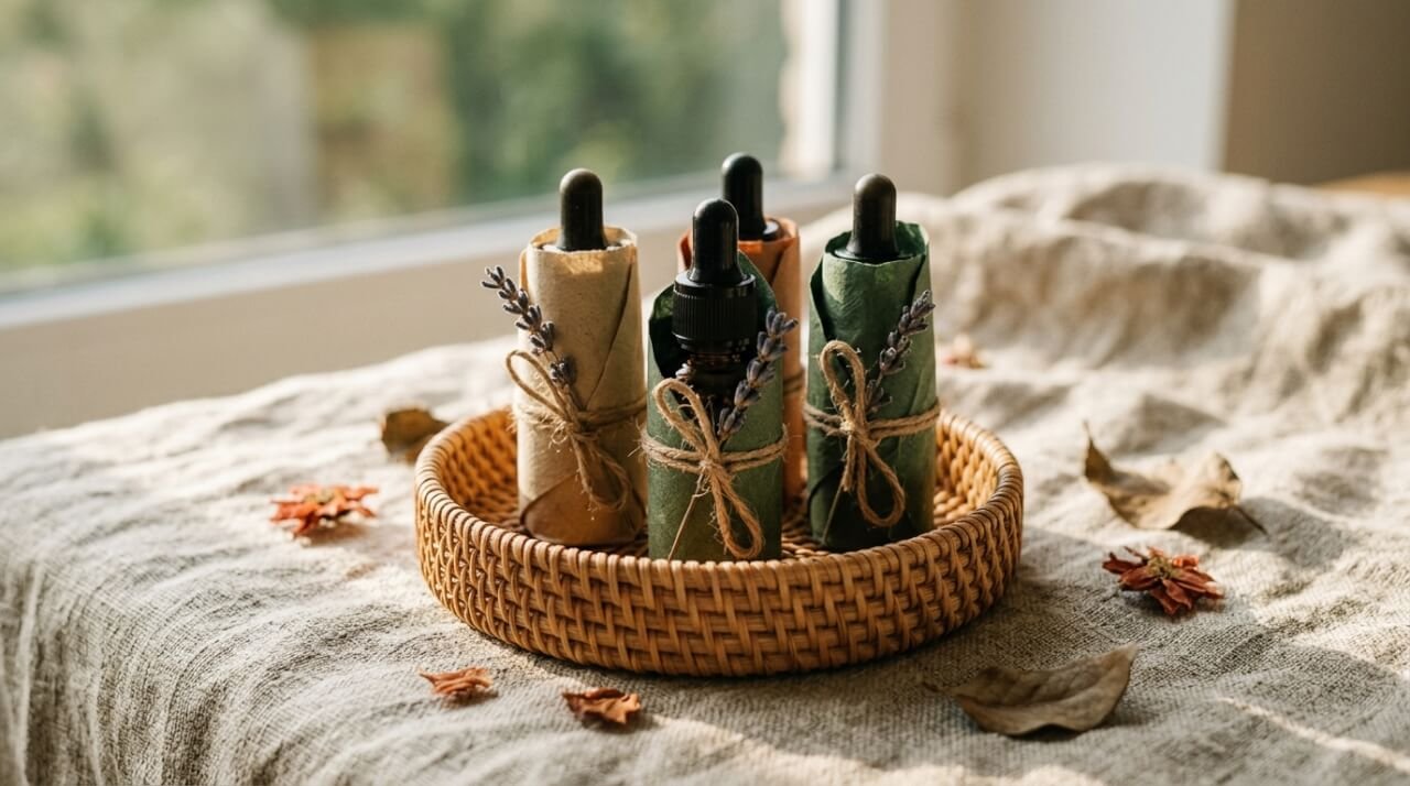 essential oil gift set wrapped in a woven rattan tray with amber glass bottles
