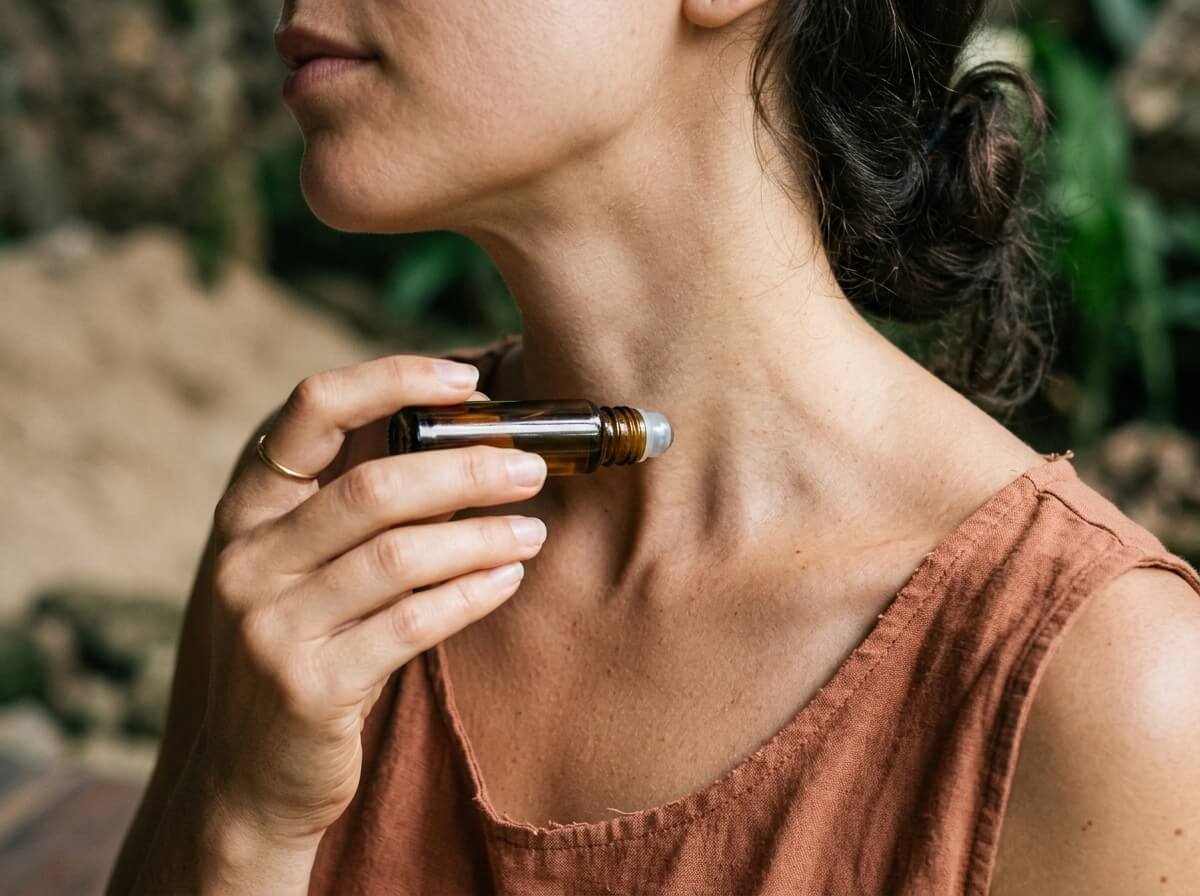 applying an essential oil roller to a pulse point on the neck