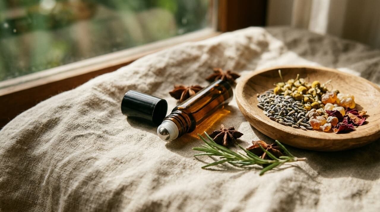 Essential oil roller bottle on linen with botanicals