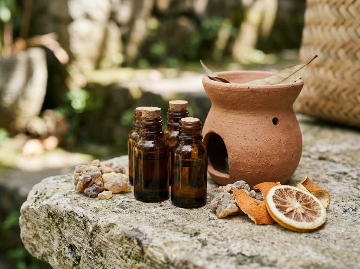 glass bottles of essential oil beside a ceramic diffuser, citrus and resin oils