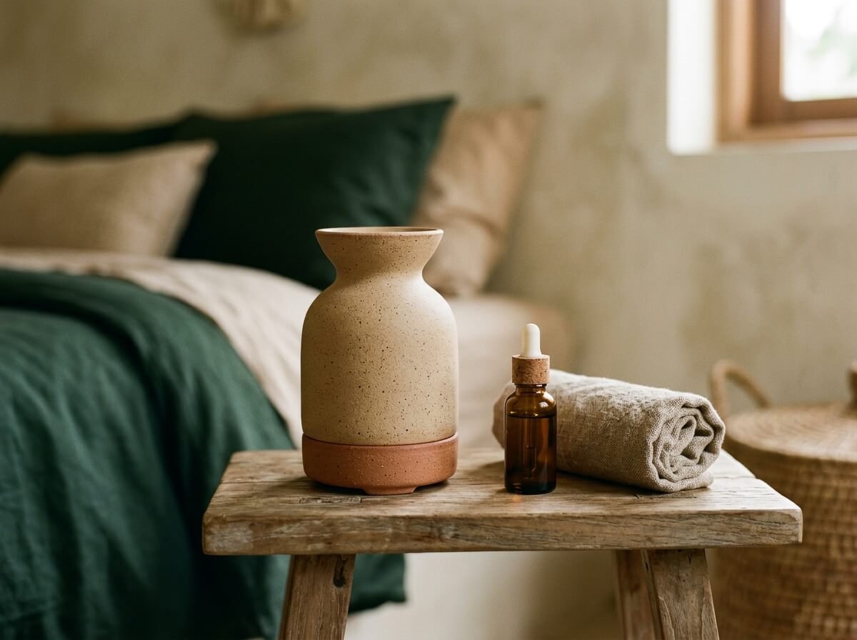ceramic diffuser and fennel essential oil bottle for aromatherapy use