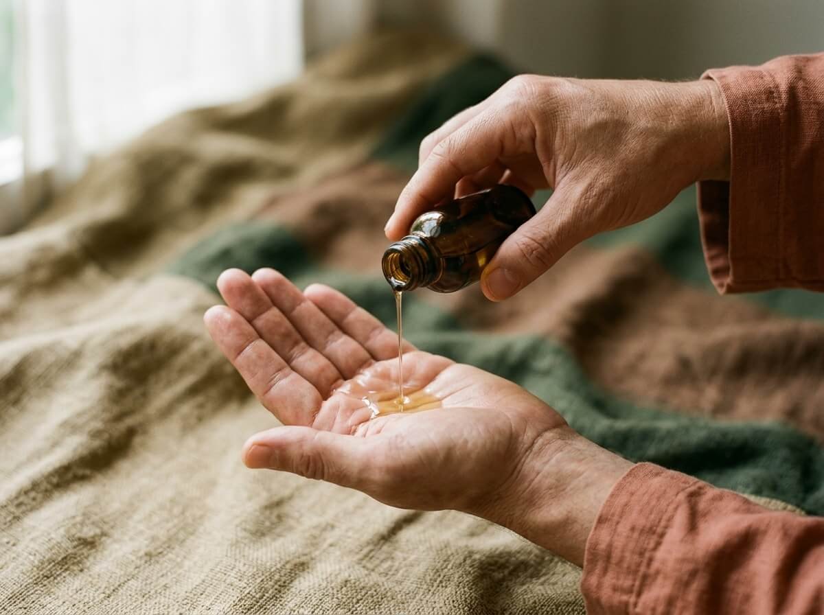 hands pouring diluted fennel body oil for a massage ritual