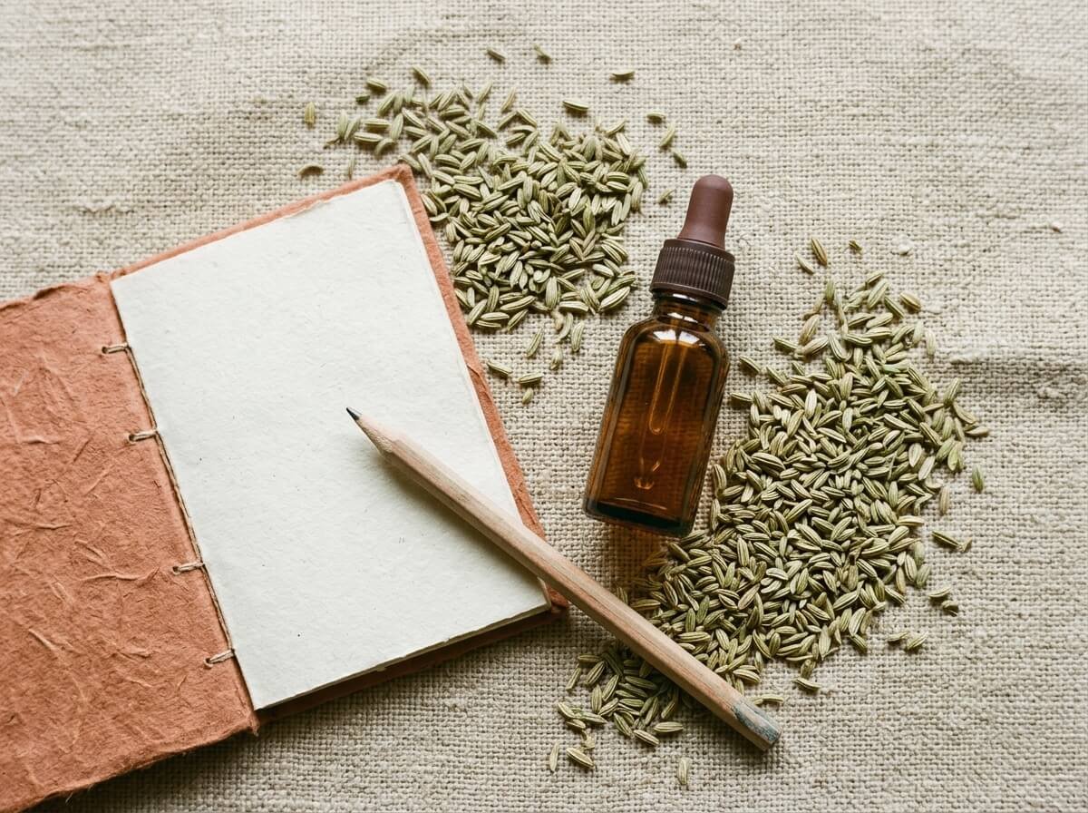 fennel essential oil bottle with notebook, frequently asked questions flat lay