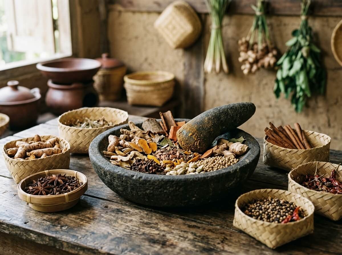 mortar and pestle with dried botanicals for Indonesian jamu