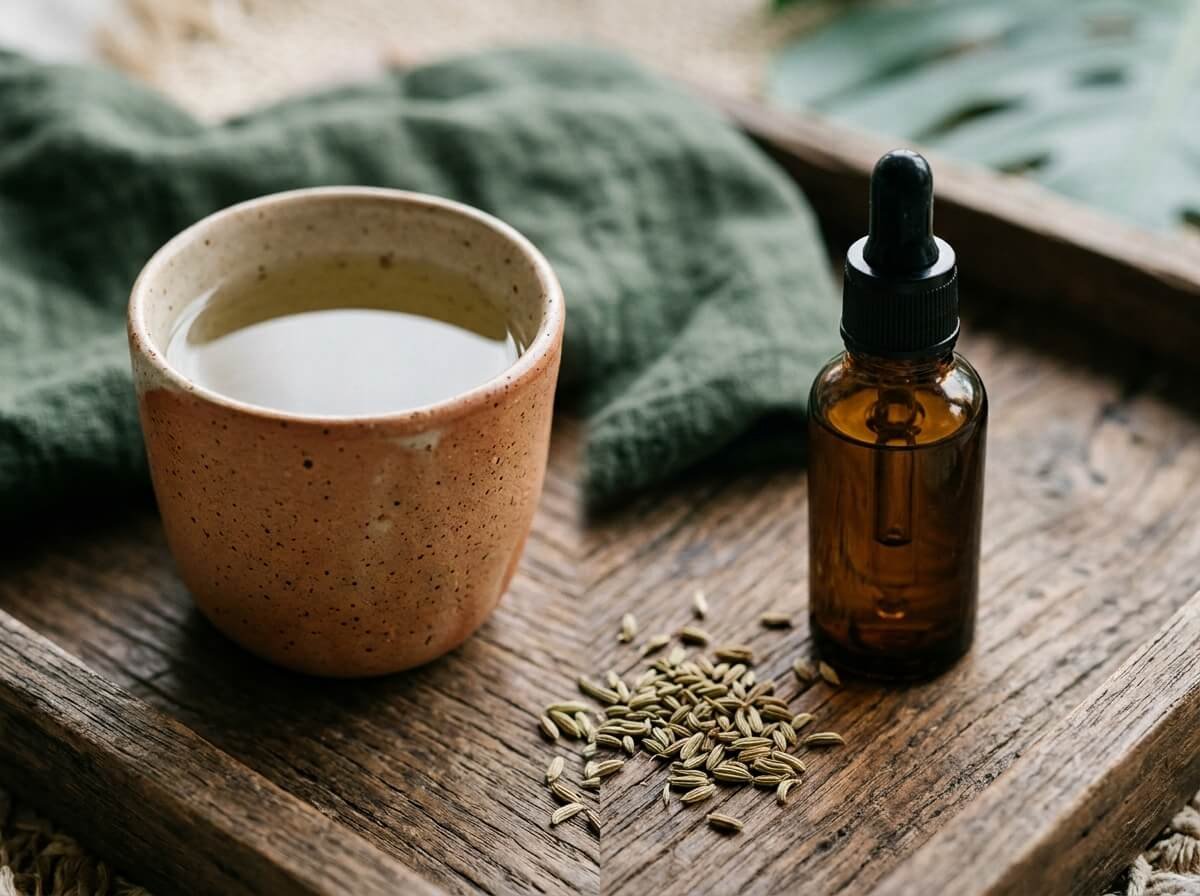 cup of fennel tea beside a bottle of fennel essential oil