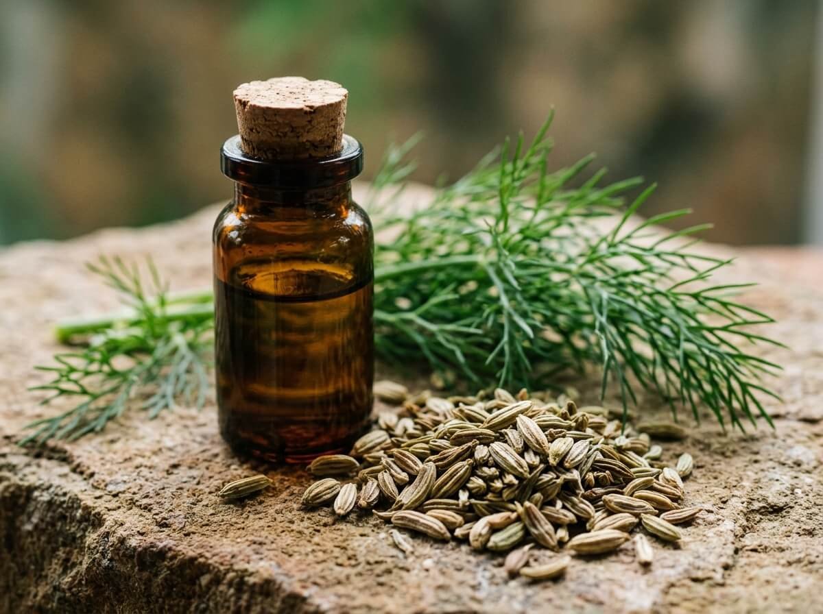 glass bottle of fennel essential oil beside fennel seeds