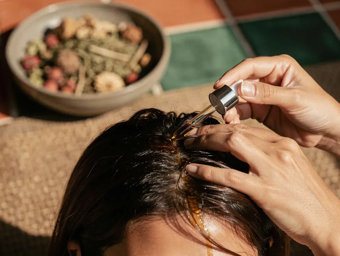 applying natural hair oil with scalp massage technique