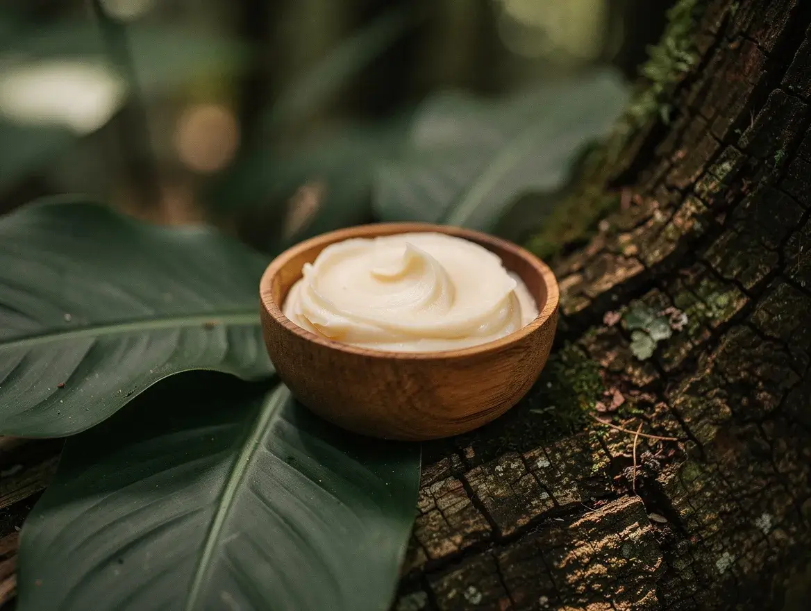 illipe butter in wooden bowl on forest floor Kalimantan wild harvested