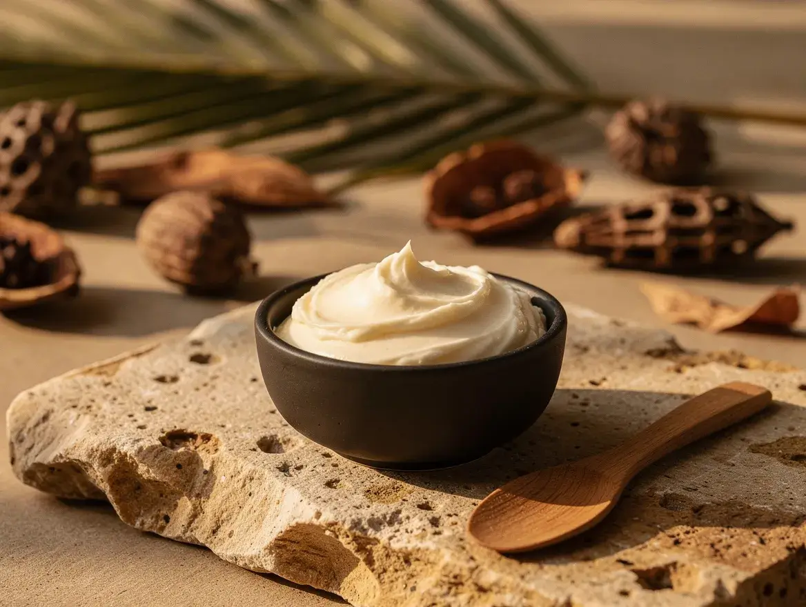 illipe butter texture in ceramic bowl with wooden spatula