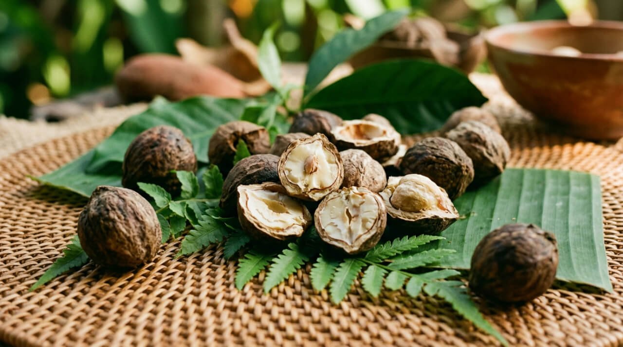 kukui oil benefits for skin shown through candlenut nuts on traditional Balinese rattan
