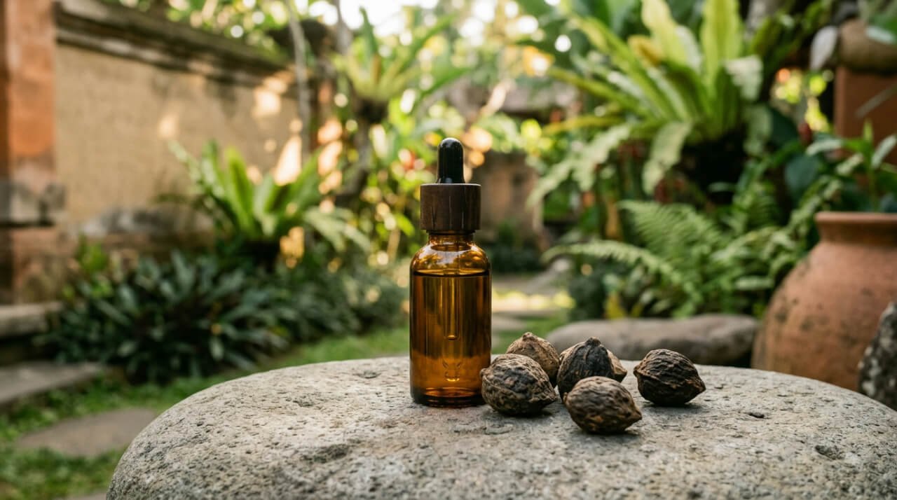 Kukui oil benefits for skin demonstrated through amber dropper bottle beside raw candlenut kernels showing its botanical source