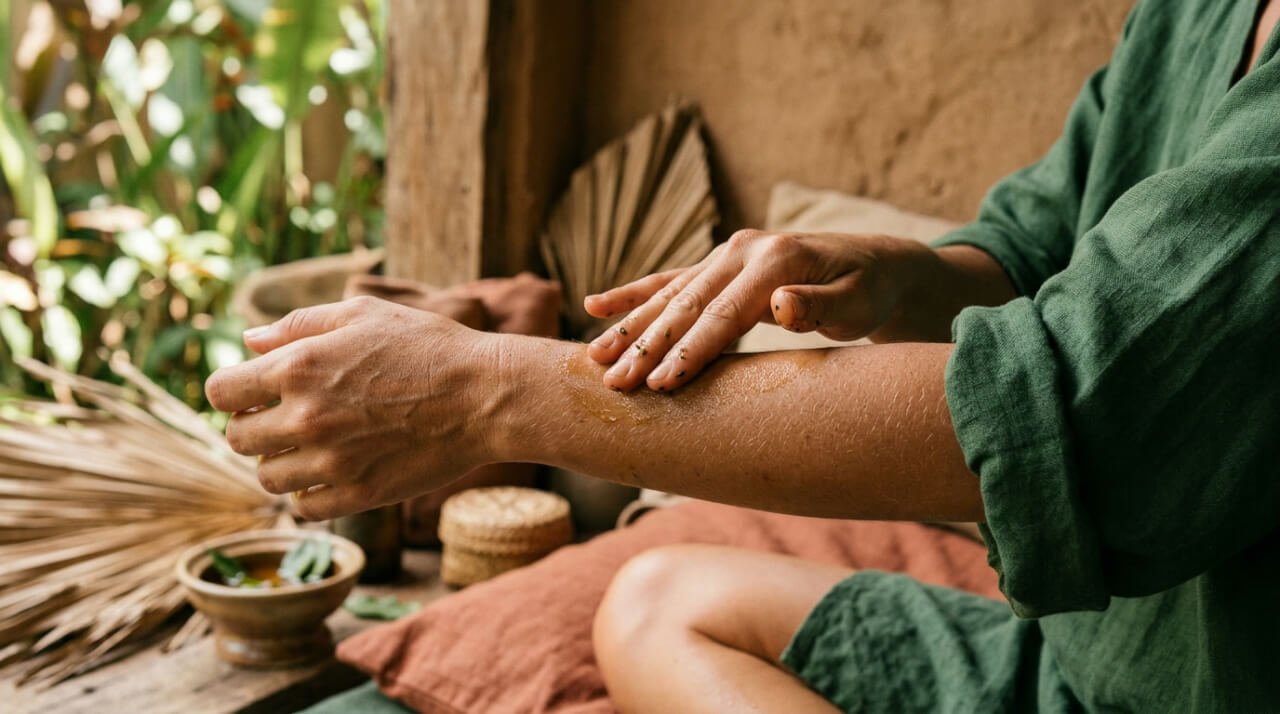 Hands applying botanical oil to forearm skin showing the nourishing and fast-absorbing application of kukui oil